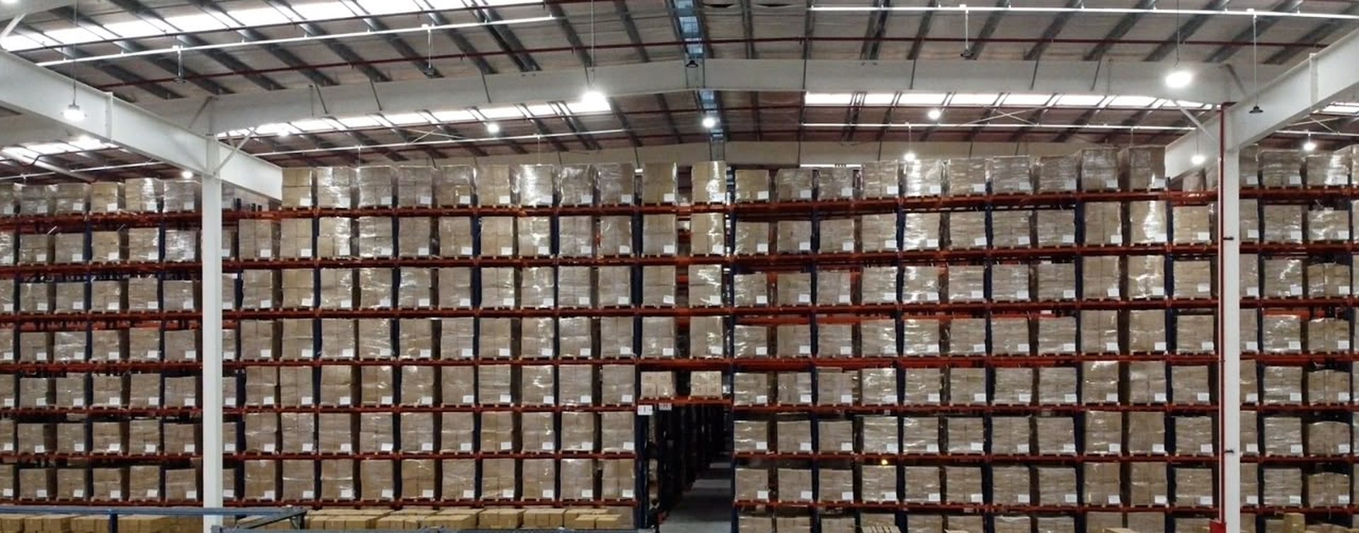 Interior del depósito TAHG en Pacheco: racks selectivos de ocho niveles y zona de preparación de pedidos